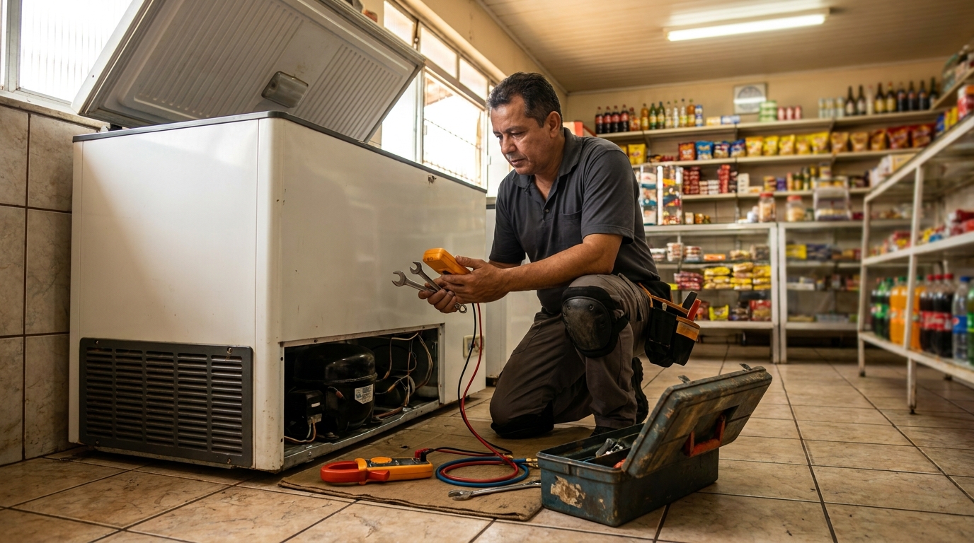Técnico reparando o motor de um freezer horizontal em São Bernardo do Campo‑SP
