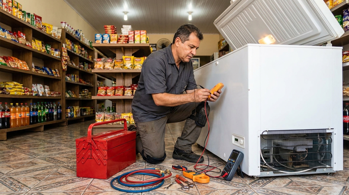 Manômetro conectado ao circuito durante recarga de gás de freezer em São Bernardo do Campo‑SP