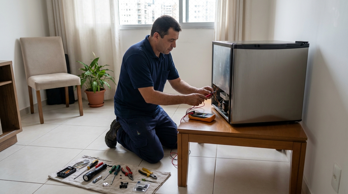 Técnico avaliando um frigobar compacto durante atendimento em São Bernardo do Campo‑SP